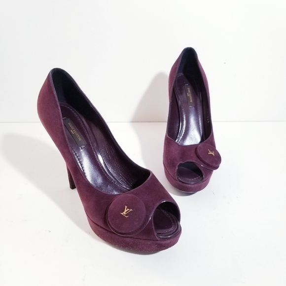 LOUIS VUITTON Chelsea Open Toe Aubergine Suede Leather Pumps 37 US 7 - Picture 9 of 16